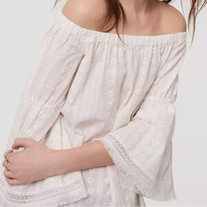Ann Taylor LOFT Cotton Daisy eyelet Off The Shoulder fringe bell sleeve Small